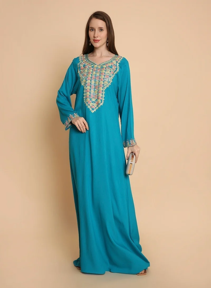 HANA & SARA Luxury Hand-Embroidered Arabic Jalabiya | Long Blue Kaftan Dress